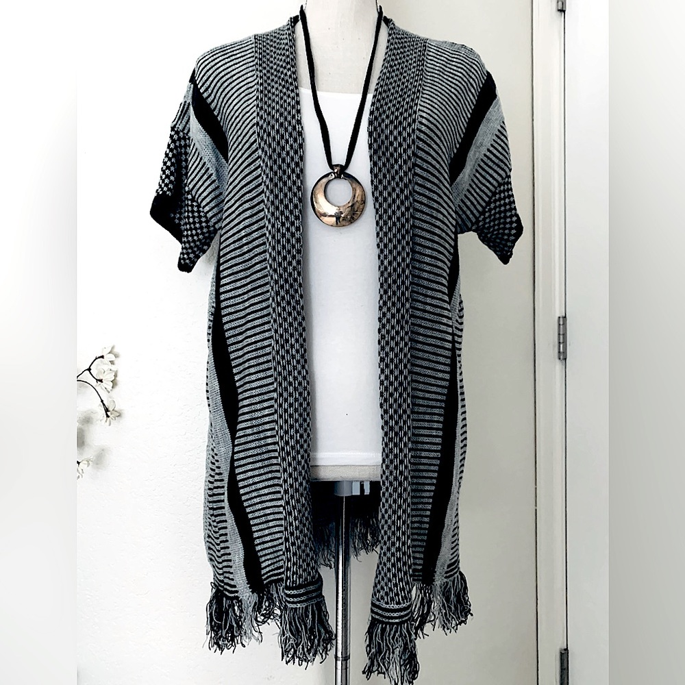 Open Striped Cardigan w/ Fringe Hem - NWT
